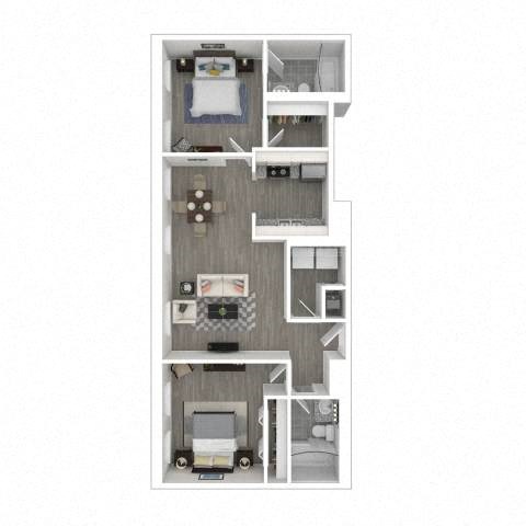 A diagram of a house layout with a kitchen, living room, and bedrooms.